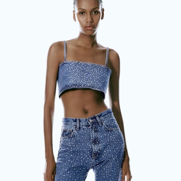 ZARA RHINESTONE DENIM CROP TOP - Picture 3 of 7